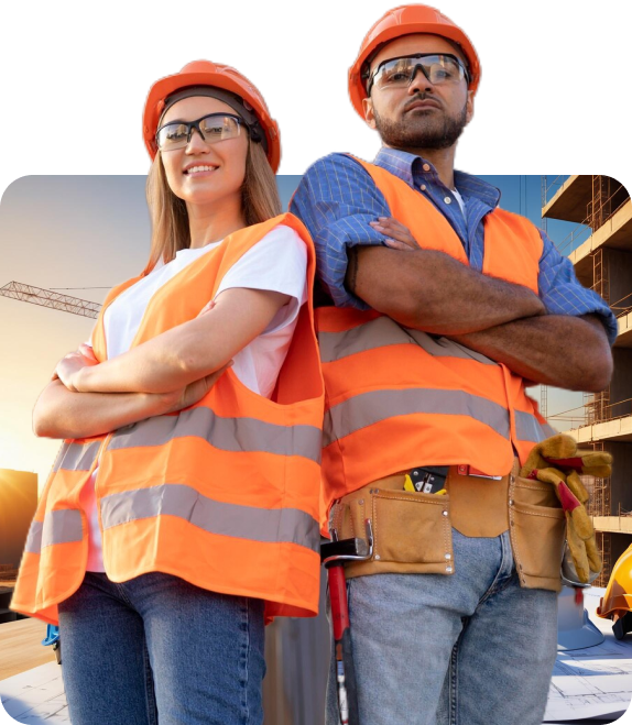 Two construction workers wearing safety gear