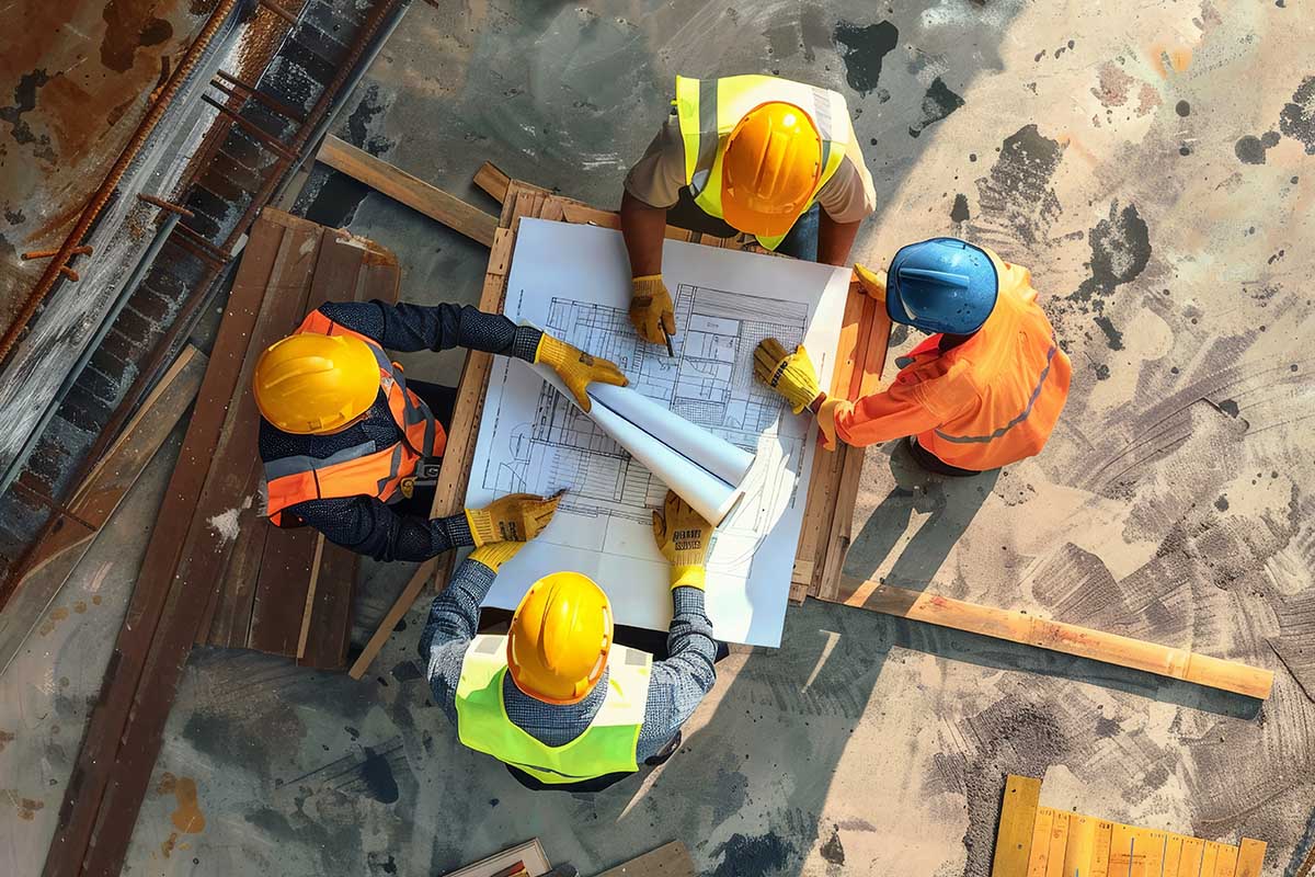 Construction managers and workers reviewing blueprints
